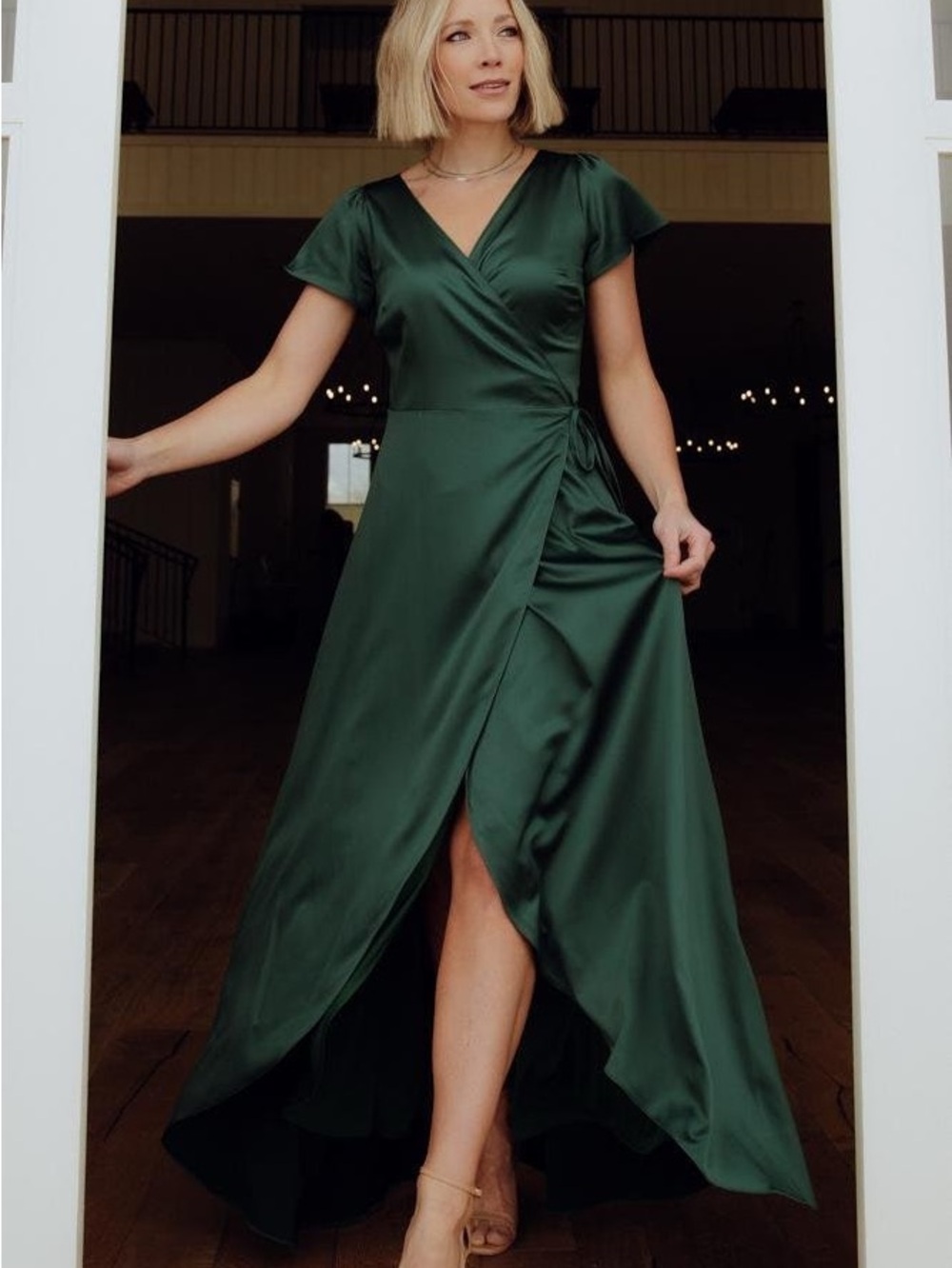 Baltic Born Forest Green Satin High-Low Wrap Dress